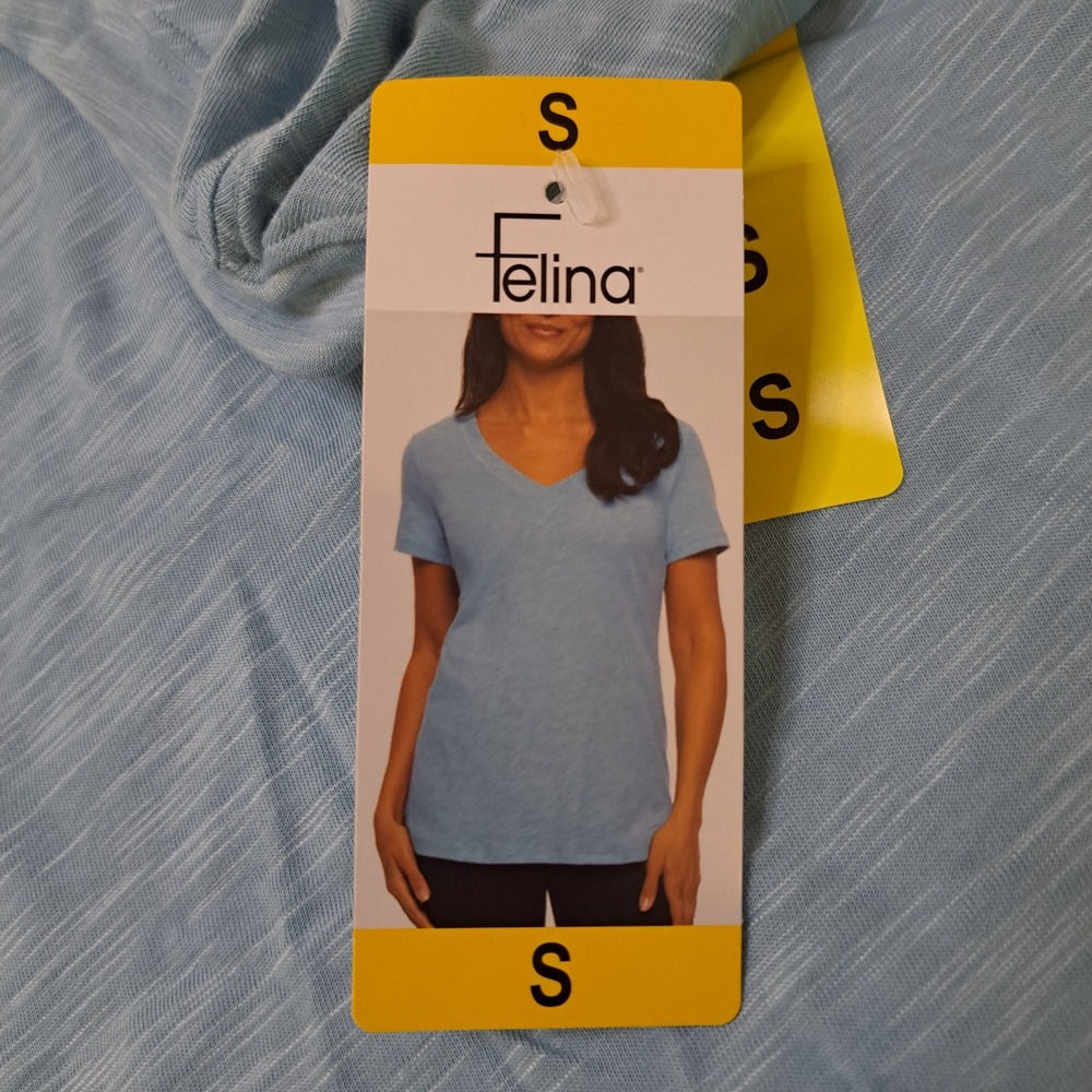 Felina V-Neck Tee Womens Small Blue‎ NWT Slub Knit Short Sleeve 1490-140
